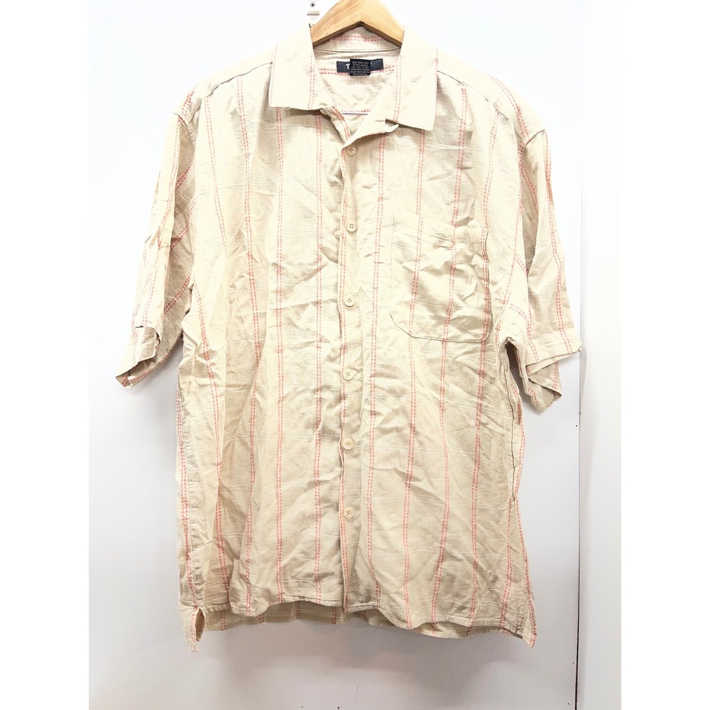 Trust Mens Linen Cotton Button Up Shirt Cream Red Stitch Short Sleeve Large
